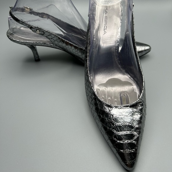 Via Spiga Vero Cuomo Metallic Croc Embossed Pointed Toe Slingback Heels Size 9 - Picture 4 of 12